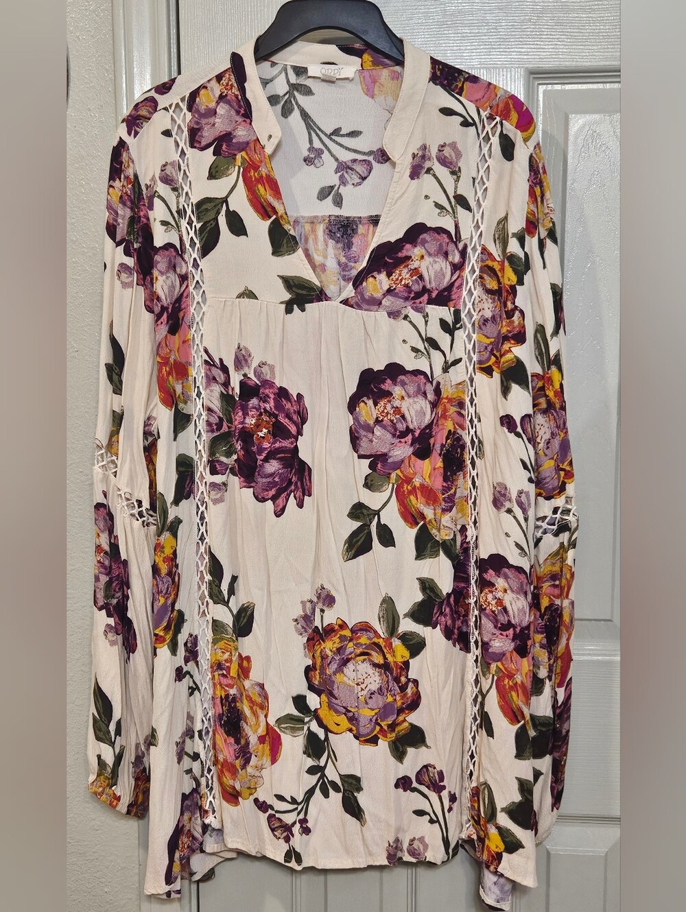 ODDY Cream Blouse with Purple & Yellow Floral Print
